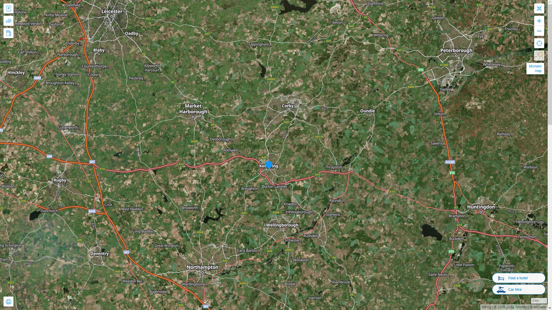 Kettering Royaume Uni Autoroute et carte routiere avec vue satellite